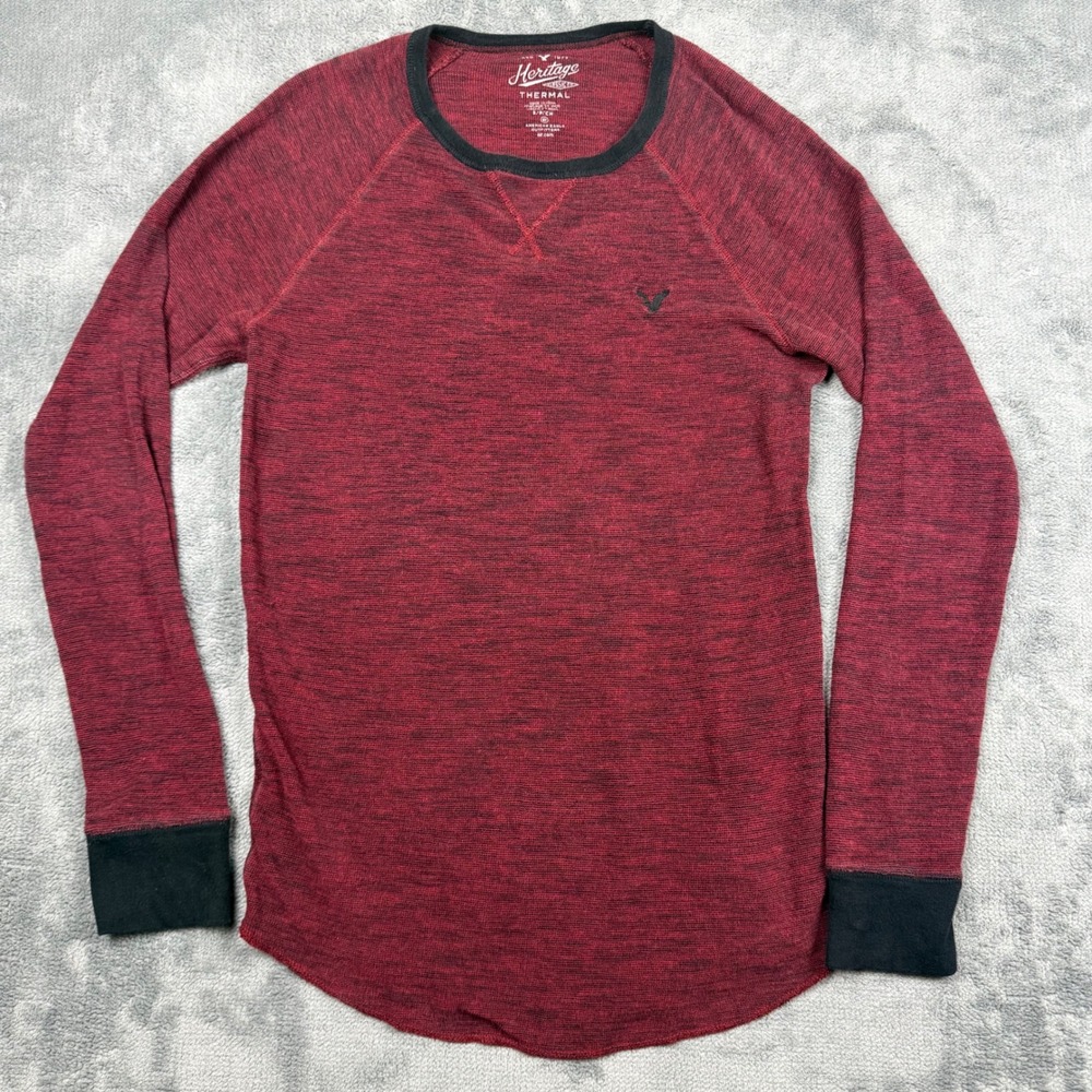 American Eagle Heritage Thermal Shirt Mens Small Burgundy Black Waffle Knit Top